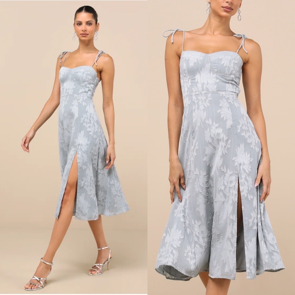 Lulu's Light Blue Floral Midi Dress with Tie Straps